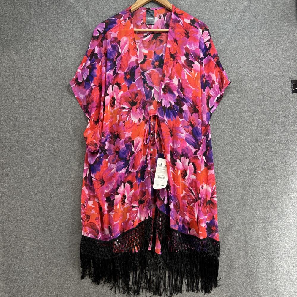 NWT Catalina Womens 1X 16W Multicolor Floral Kimono Swim Cover Up Fringe Hem NEW